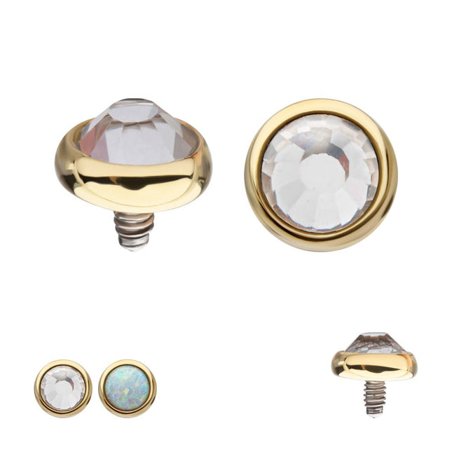 Invictus 14Kt Yellow Gold Internally Threaded Bezel Set Flat Bottom Clear Crystal/Low Profile Opal Top Dermal