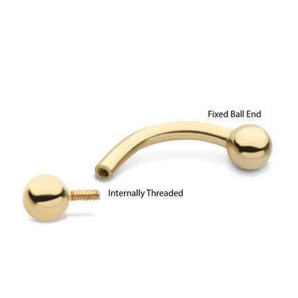 Invictus 14Kt Yellow Gold Curved Barbell with One Side Internally Threaded and One Side Fixed Ball End