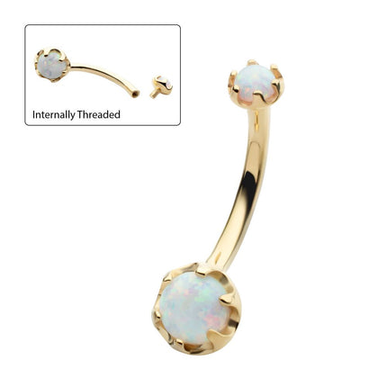 Invictus 14Kt Yellow Gold Internally Threaded Double Round 6-Prong White Opal Fixed Bottom Navel