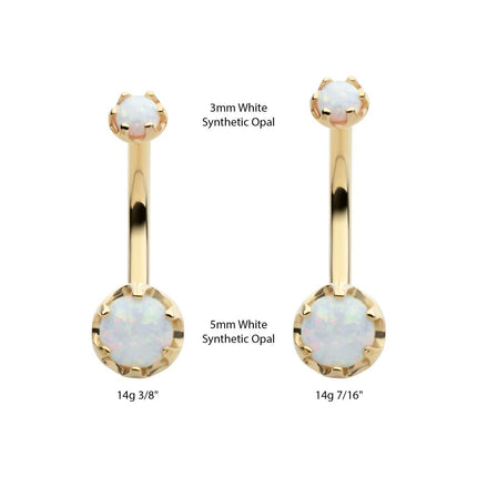 Invictus 14Kt Yellow Gold Internally Threaded Double Round 6-Prong White Opal Fixed Bottom Navel