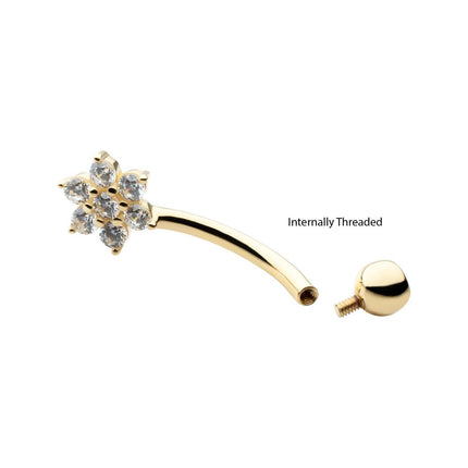 Invictus 14Kt Gold Internally Threaded Round Clear CZ Flower Shape Fixed Bottom Navel