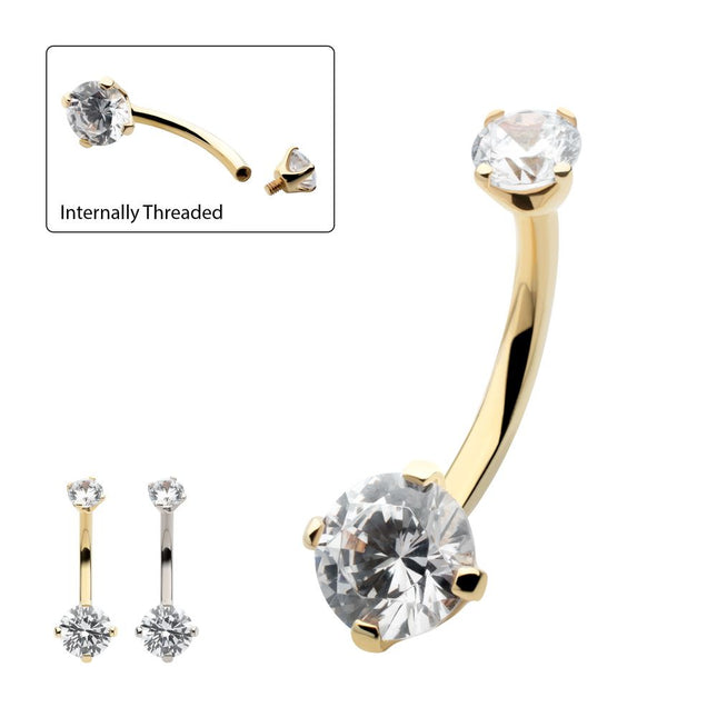 Invictus 14Kt Gold Internally Threaded Double Round 4-Prong Clear CZ Fixed Bottom Navel
