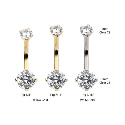 Invictus 14Kt Gold Internally Threaded Double Round 4-Prong Clear CZ Fixed Bottom Navel