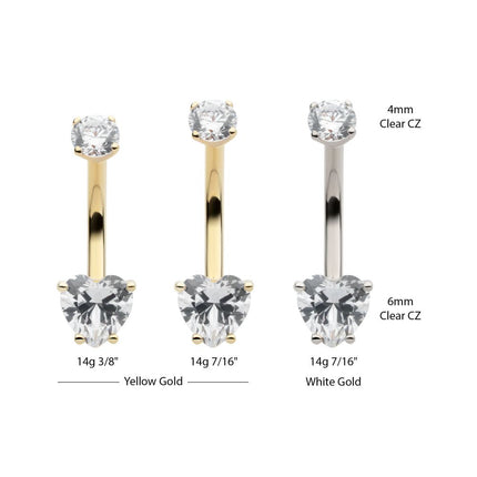 Invictus 14Kt Gold Internally Threaded 4-Prong Round & Heart Clear CZ Fixed Bottom Navel