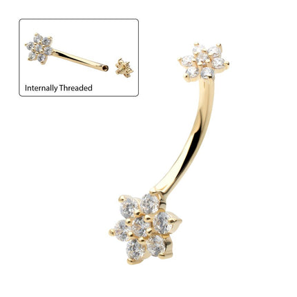 Invictus 14Kt Yellow Gold Internally Threaded Pronged Round Clear CZ Double Flower Shape Fixed Bottom Navel