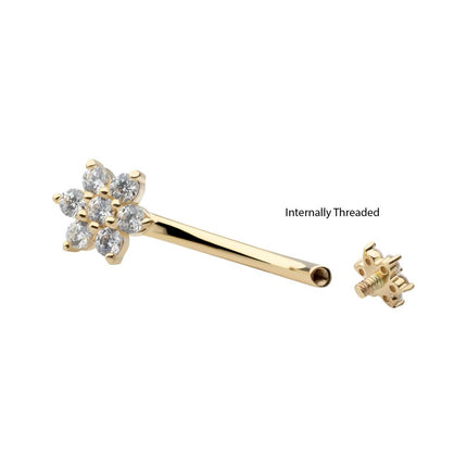 Invictus 14Kt Yellow Gold Internally Threaded Pronged Round Clear CZ Double Flower Shape Fixed Bottom Navel