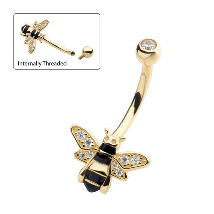 Invictus 14Kt Yellow Gold Internally Threaded Pave Set Round Clear CZ Enamel Bee Fixed Bottom Navel