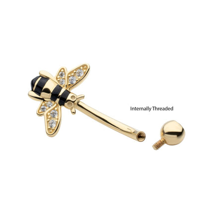 Invictus 14Kt Yellow Gold Internally Threaded Pave Set Round Clear CZ Enamel Bee Fixed Bottom Navel