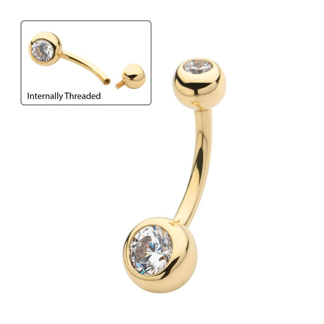 Invictus 14Kt Yellow Gold Double Bezel Clear CZ Internally Threaded Top with Fixed Bottom Navel
