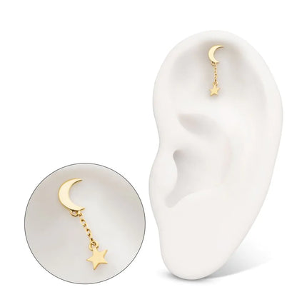 Invictus 14Kt Yellow Gold M0.8 Internally Threaded Crescent Moon Top with Dangle Star