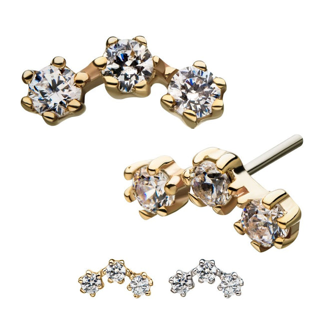Invictus 14Kt Gold Threadless 6 Pronged Round CZ Trinity Top