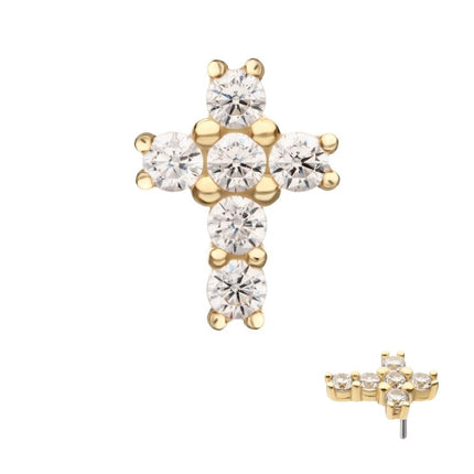 Invictus 14kt Yellow Gold Threadless Prong Set Multi-Clear CZ Cross Top