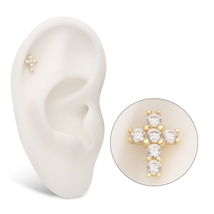 Invictus 14kt Yellow Gold Threadless Prong Set Multi-Clear CZ Cross Top