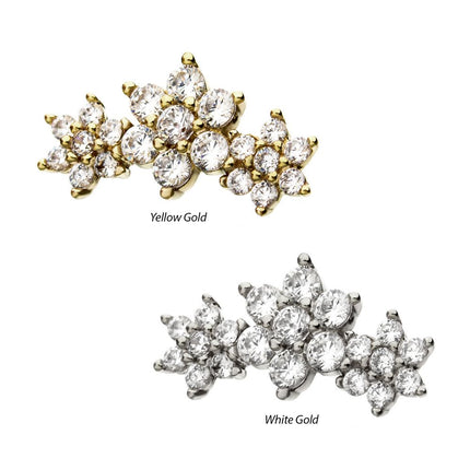 Invictus 14kt Gold Threadless Prong Set Multi-Clear CZ Tri-Flower Top