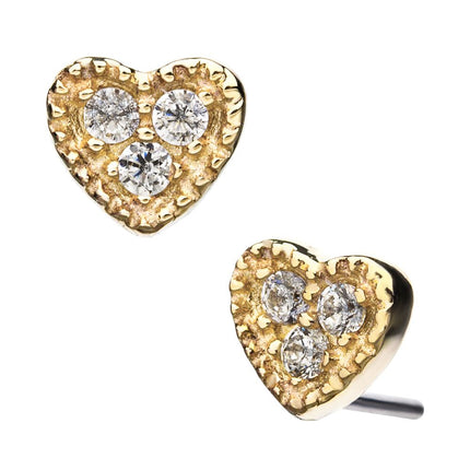Invictus 14kt Yellow Gold Threadless with 3-Clear CZ Heart Top