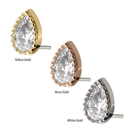Invictus 14kt Gold Threadless with Clear CZ Pear-Shaped Top