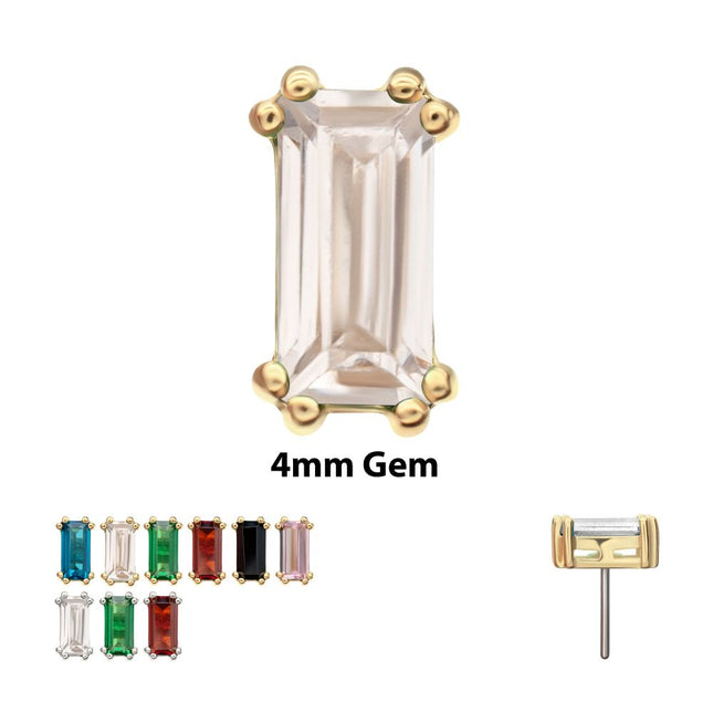 Invictus 14Kt Gold Threadless 4mm Emerald Cut Prong Set Gem Top