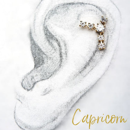 Invictus 14kt Yellow Gold Capricorn Constellation Threadless Top with 4mm Center Clear CZ Gem and Five 3mm Clear CZ Side Gems