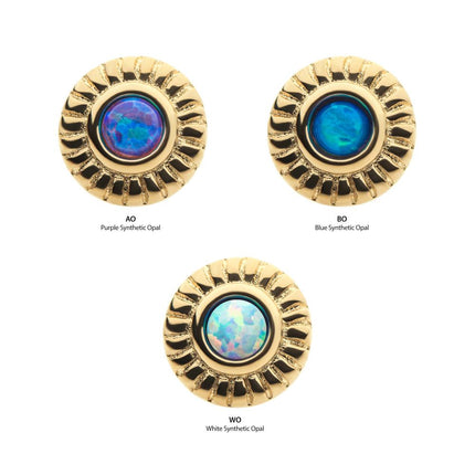 Invictus 14Kt Yellow Gold Threadless with Bezel Set Synthetic Opal Fine Line Scalloped Edge Top