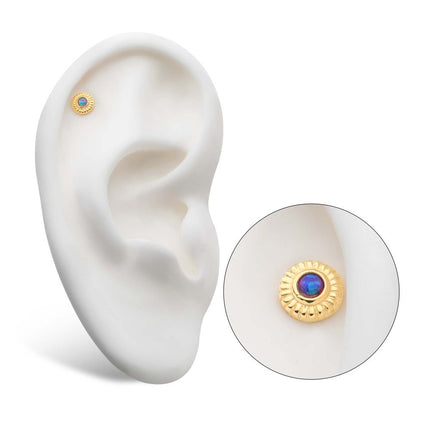 Invictus 14Kt Yellow Gold Threadless with Bezel Set Synthetic Opal Fine Line Scalloped Edge Top