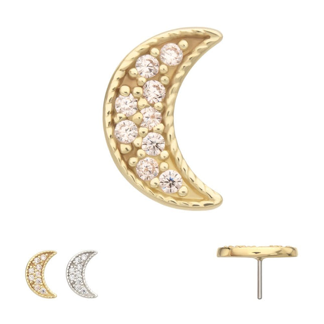Invictus 14Kt Gold Threadless Milgrain Edge Crescent Moon Top with Pave CZ Gem