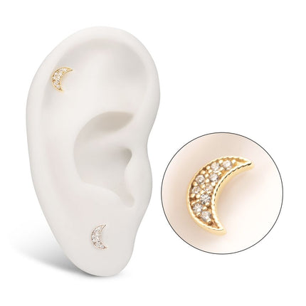 Invictus 14Kt Gold Threadless Milgrain Edge Crescent Moon Top with Pave CZ Gem