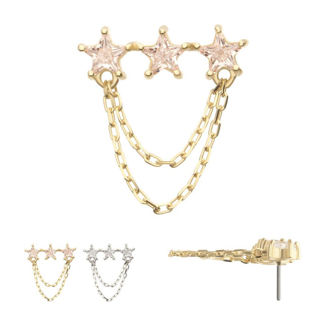 Invictus 14Kt Gold Threadless Triple Cluster Star CZ Gem Top with 2-Tier Chain Dangle