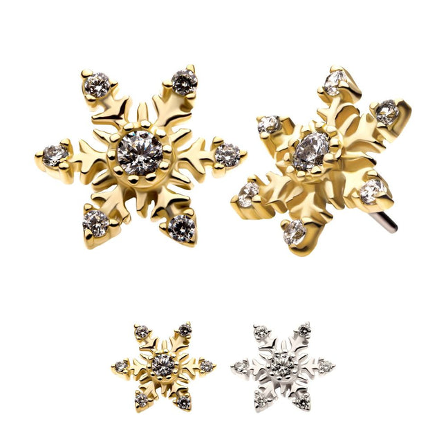 Invictus 14Kt Gold Threadless with 6 3-Prong Set Round Clear CZ Snowflake Top