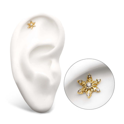 Invictus 14Kt Gold Threadless with 6 3-Prong Set Round Clear CZ Snowflake Top
