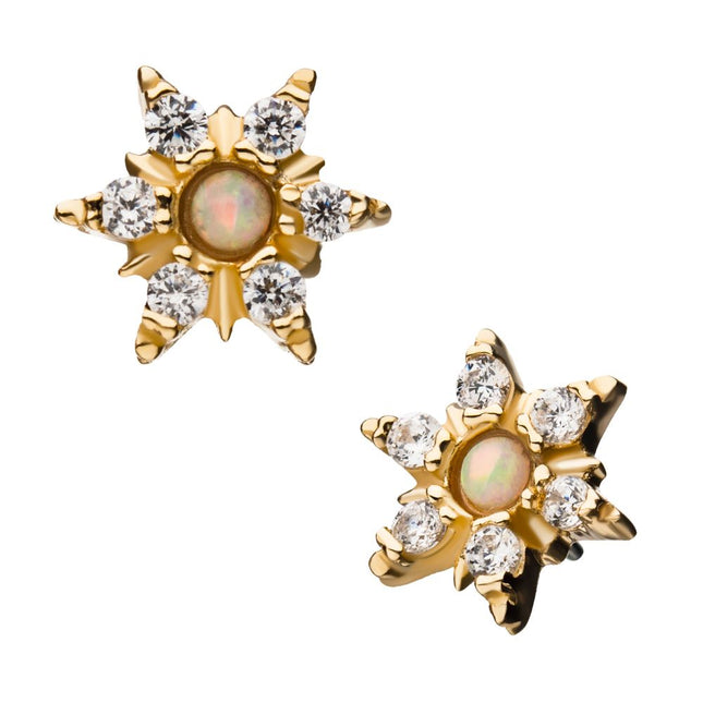 Invictus 14Kt Yellow Gold Threadless with Clear CZ and White Synthetic Opal 6-Point Star Top