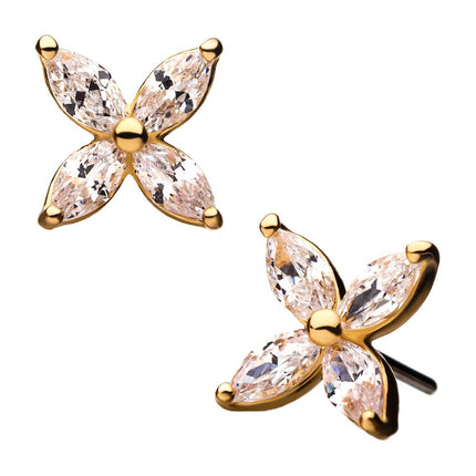 Invictus 14kt Yellow Gold Threadless 4-Clear Gem Flower Top