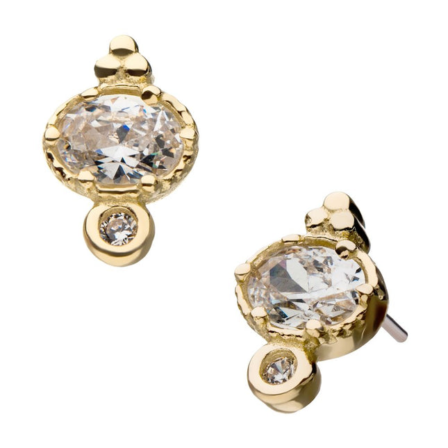 Invictus 14Kt Yellow Gold Threadless with Big & Small Clear Gem & Tri-bead Top