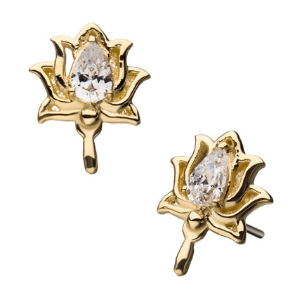Invictus 14Kt Yellow Gold Threadless with Clear Gem Lotus Top