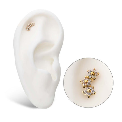 Invictus 14Kt Yellow Gold Threadless 3-Curved Cluster Pronged Round CZ Flower Top