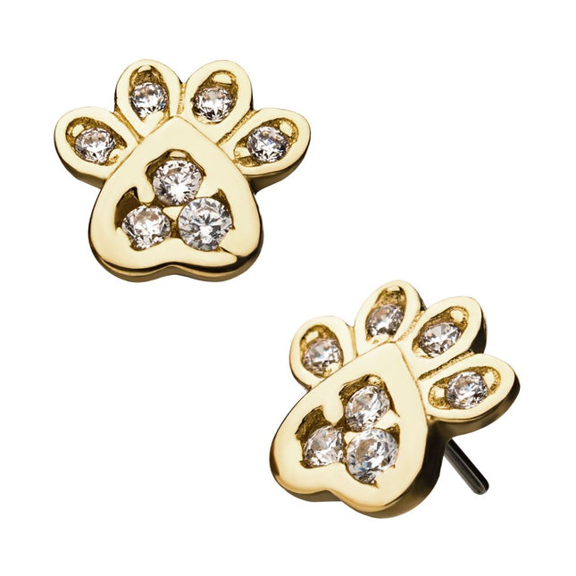 Invictus 14Kt Yellow Gold Threadless with Dog Paw Clear CZ Top