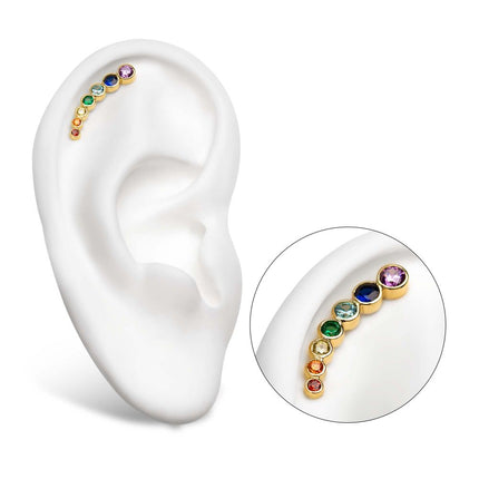 Invictus 14Kt Yellow Gold Threadless with Bezel Set  Rainbow CZ 7-Cluster Top (Right Ear)