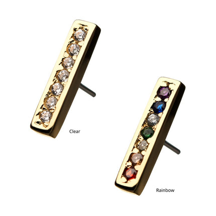 Invictus 14Kt Yellow Gold Threadless with Prong Set CZ 7-Cluster Bar Top