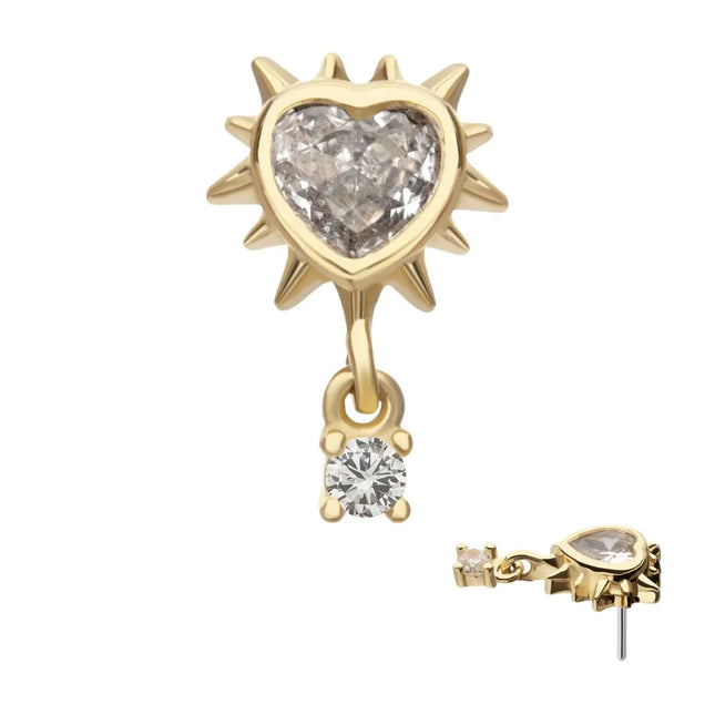 Invictus 14Kt Yellow Gold Threadless Spike Edge Bezel Heart Gem Top with Prong Set Round Dangle
