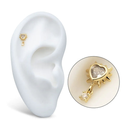 Invictus 14Kt Yellow Gold Threadless Spike Edge Bezel Heart Gem Top with Prong Set Round Dangle