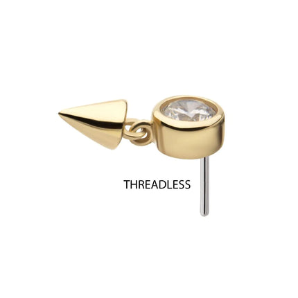 Invictus 14Kt Yellow Gold Threadless Bezel Set Round Gem Top with Spike Dangle