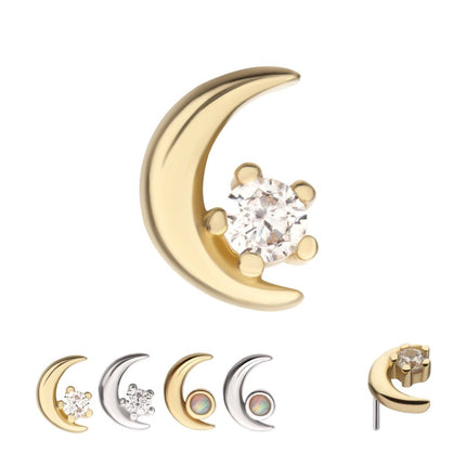 Invictus 14Kt Gold Threadless Crescent Moon with Round Gem/Opal Top