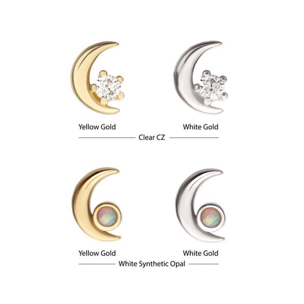 Invictus 14Kt Gold Threadless Crescent Moon with Round Gem/Opal Top