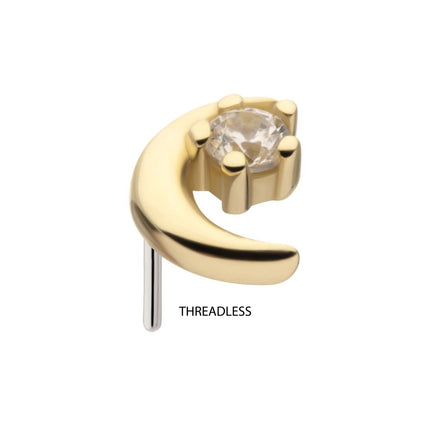 Invictus 14Kt Gold Threadless Crescent Moon with Round Gem/Opal Top