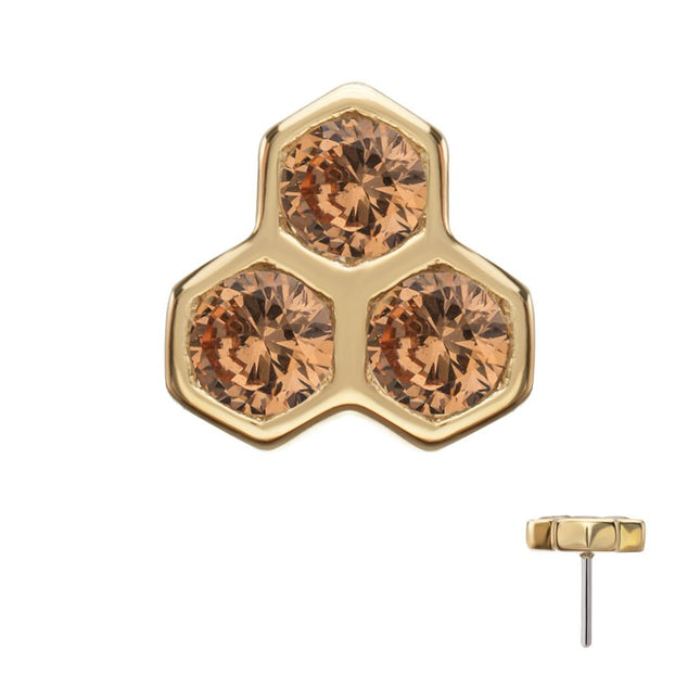 Invictus 14Kt Yellow Gold Threadless Bezel Gem Triple Honeycomb Top