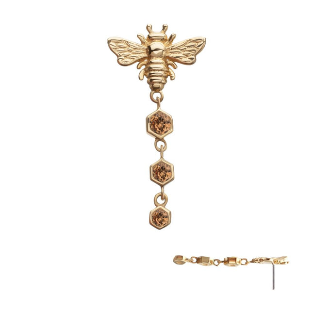 Invictus 14Kt Yellow Gold Threadless Bee Top with Triple Bezel Set Hexagon Gem Dangle