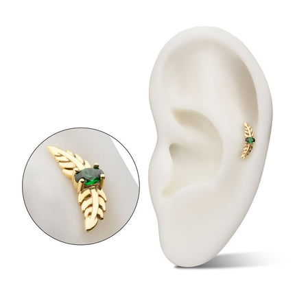 Invictus 14Kt Yellow Gold Threadless Prong Set Emerald Gem Two Sculpted Leaves Top