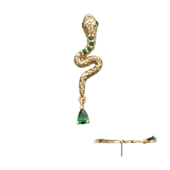 Invictus 14Kt Yellow Gold Threadless Enchanted Serpent Top with Teardrop Emerald Dangle