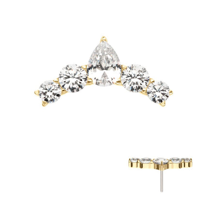 Invictus 14Kt Yellow Threadless Curved Bar Top with 5-Cluster Round & Teardrop Gem