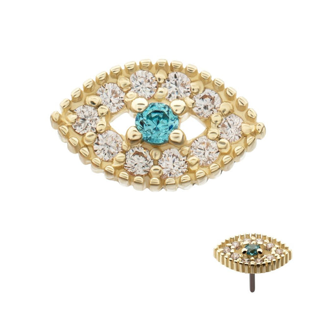 Invictus 14Kt Yellow Gold Threadless Beaded Edge Cut Out Evil Eye Aqua Gem Top with Paved Clear CZ Gem