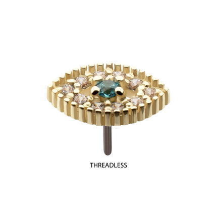 Invictus 14Kt Yellow Gold Threadless Beaded Edge Cut Out Evil Eye Aqua Gem Top with Paved Clear CZ Gem